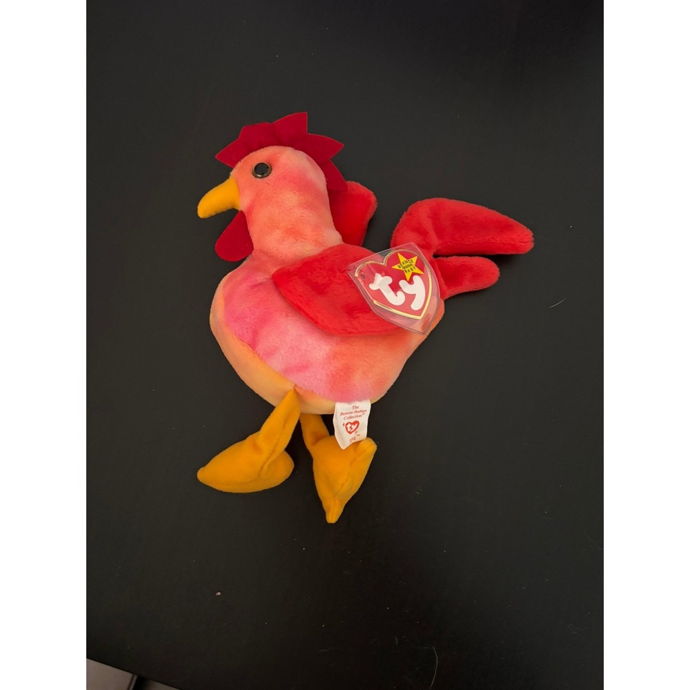 Ty Beanie Baby Strut the Rooster 1996 Pink Orange Tie Dye Plush Toy with Tags